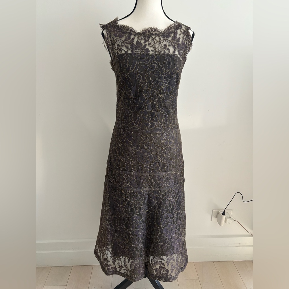 Carolina Herrera Dark Grey and Gold Lace Midi Dress